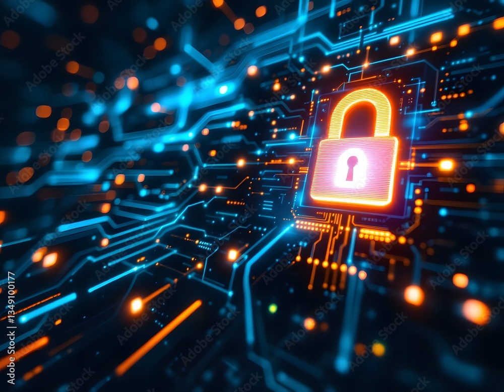 Futuristic Circuit Board with Secure Lock Icon Futuristic Circuit Board with Secure Lock Icon