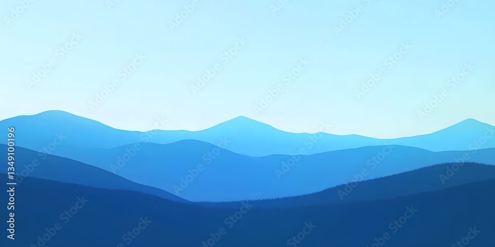 Obraz premium Azure Mountain Silhouette: A serene vista of layered mountain silhouettes in gradient blue tones, evoking a sense of depth and distance under a clear sky.