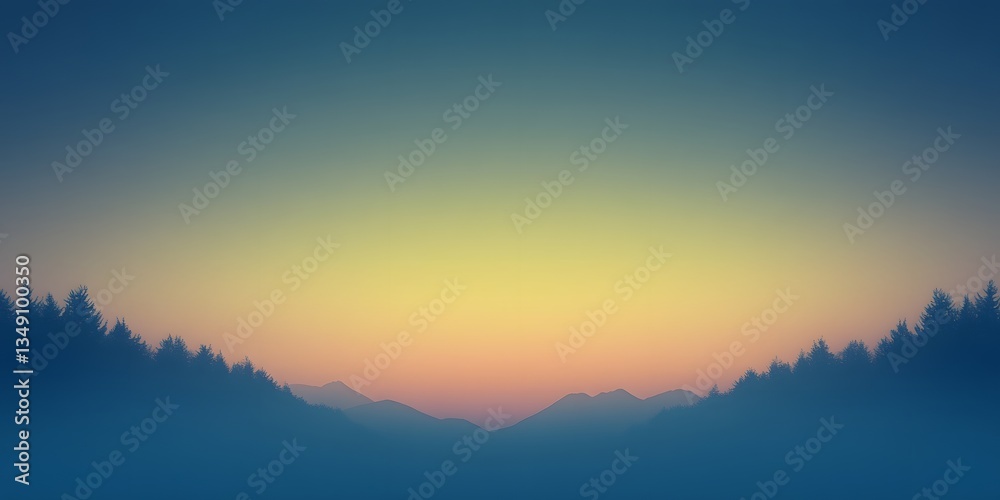 Fototapeta premium Sunset Silhouette: A serene and picturesque landscape showcases a colorful sunset casting a warm glow over the silhouettes of a distant mountain range and a dense forest.