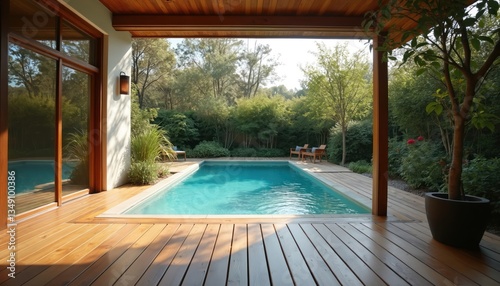 Wooden deck, swimming pool, backyard garden. Modern house, wooden floor. Sunny summer day. Luxury vacation, relaxation. Blue water, sunlight, tropical resort, vacation, travel, lifestyle, leisure.