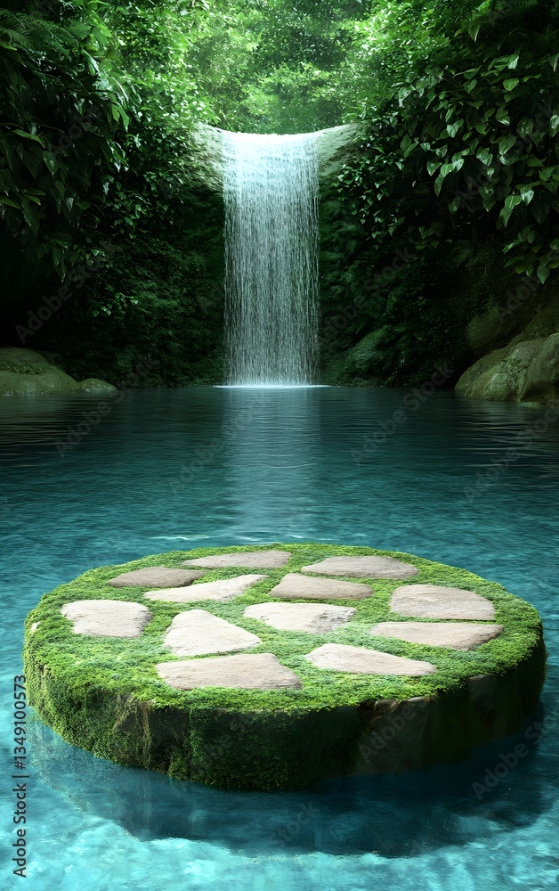 A moss-covered stone podium, placed beside a serene waterfall cascading into a clear blue pool.