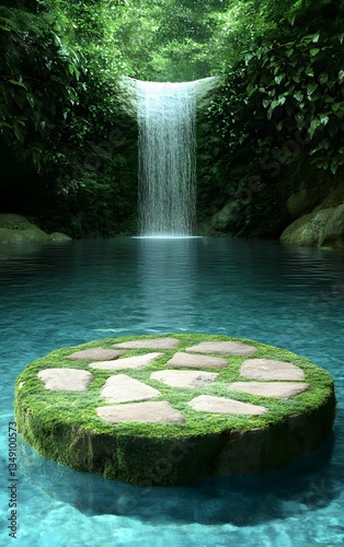 Obraz na płótnie A moss-covered stone podium, placed beside a serene waterfall cascading into a clear blue pool. w salonie