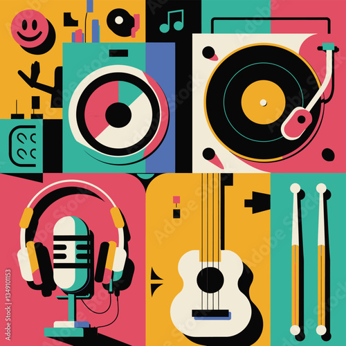 2d vector illustration icon cool entertainment cartoon character  music tools (Drum , Music Note , Headphones ,Microphone , Piano , Guitar ,Record) 
