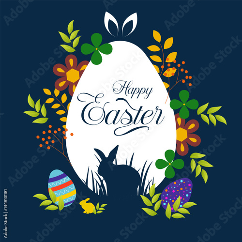 Festive Easter celebration artwork with a dark background, a bunny silhouette, floral decorations, and colorful eggs, great for social media posts, banners, and digital holiday designs.