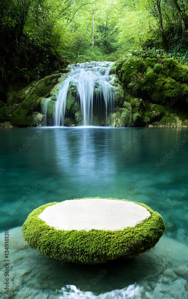 A moss-covered stone podium, placed beside a serene waterfall cascading into a clear blue pool.
