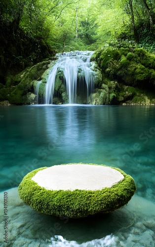 Obraz na płótnie A moss-covered stone podium, placed beside a serene waterfall cascading into a clear blue pool. w salonie