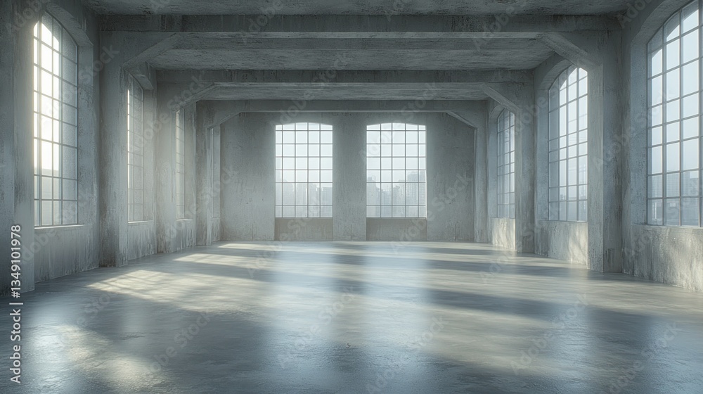 Sunlit industrial loft interior, city view, empty space, design