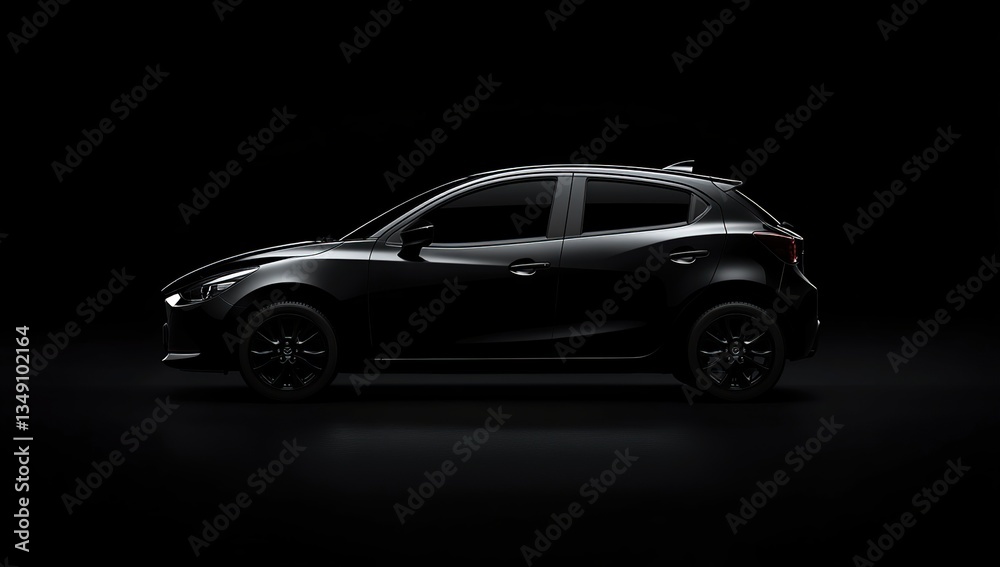 Black Compact Hatchback Car Side View Studio Shot Black Compact Hatchback Car Side View Studio Shot