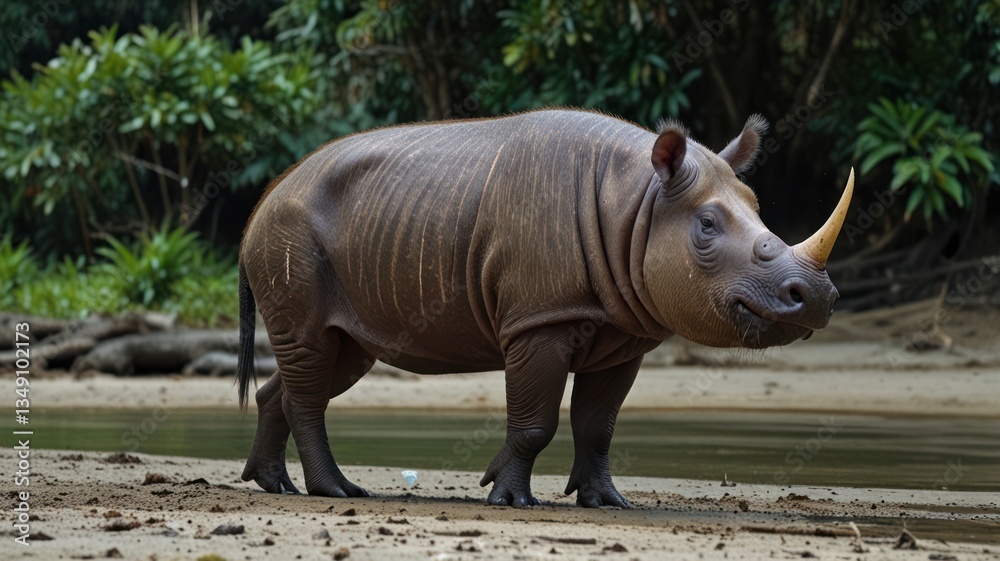 Obraz premium A solitary, stout-bodied rhino stands by a riverbank in a lush, tropical forest
