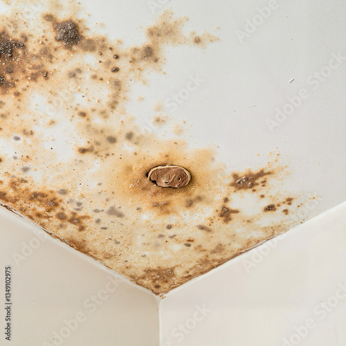 Damp stained ceiling with mold patches, home maintenance concerns