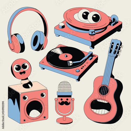 2d vector illustration icon cool entertainment cartoon character  music tools (Drum , Music Note , Headphones ,Microphone , Piano , Guitar ,Record) 
