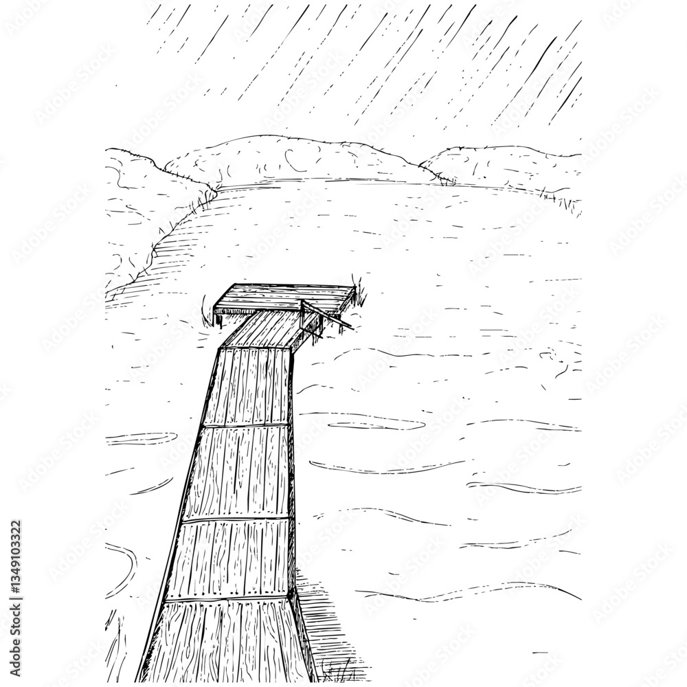Sketch landscape. Background with lake and wooden pier. Hand drawn illustration.