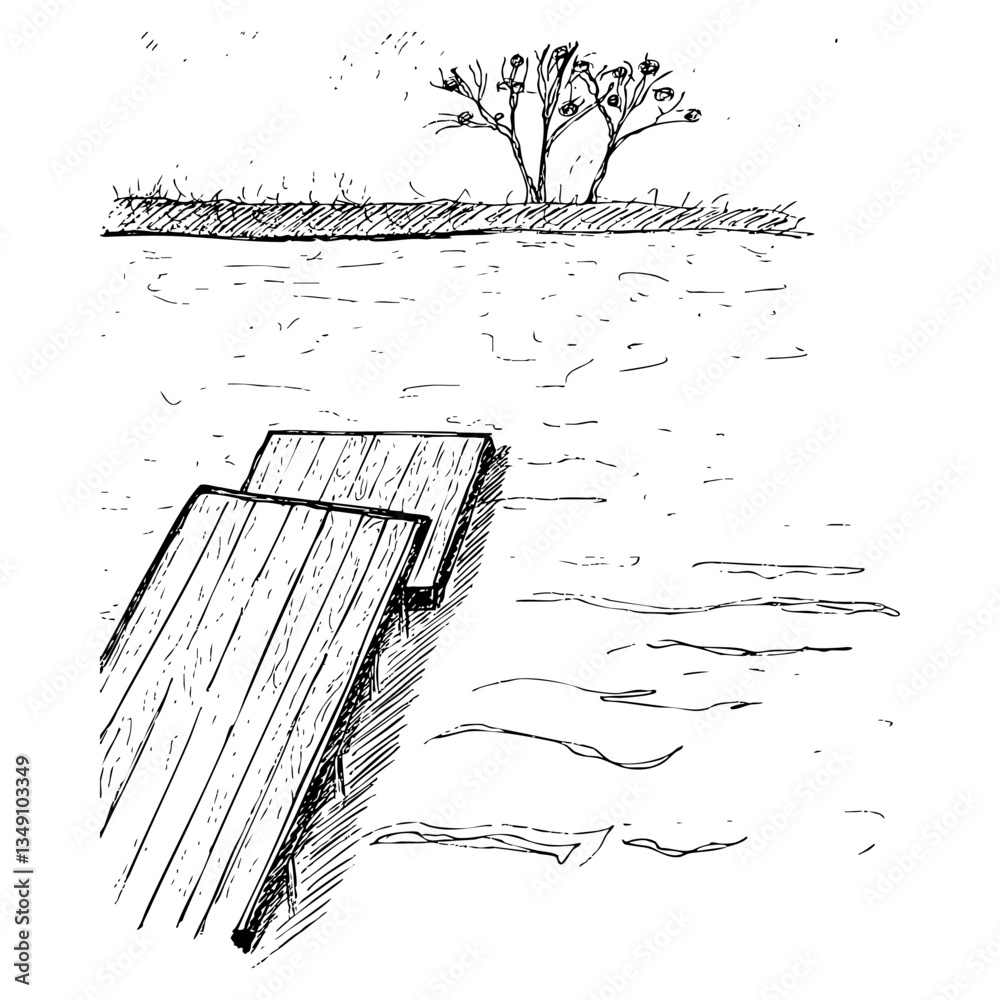 Sketch landscape. Background with lake and wooden pier. Hand drawn illustration.