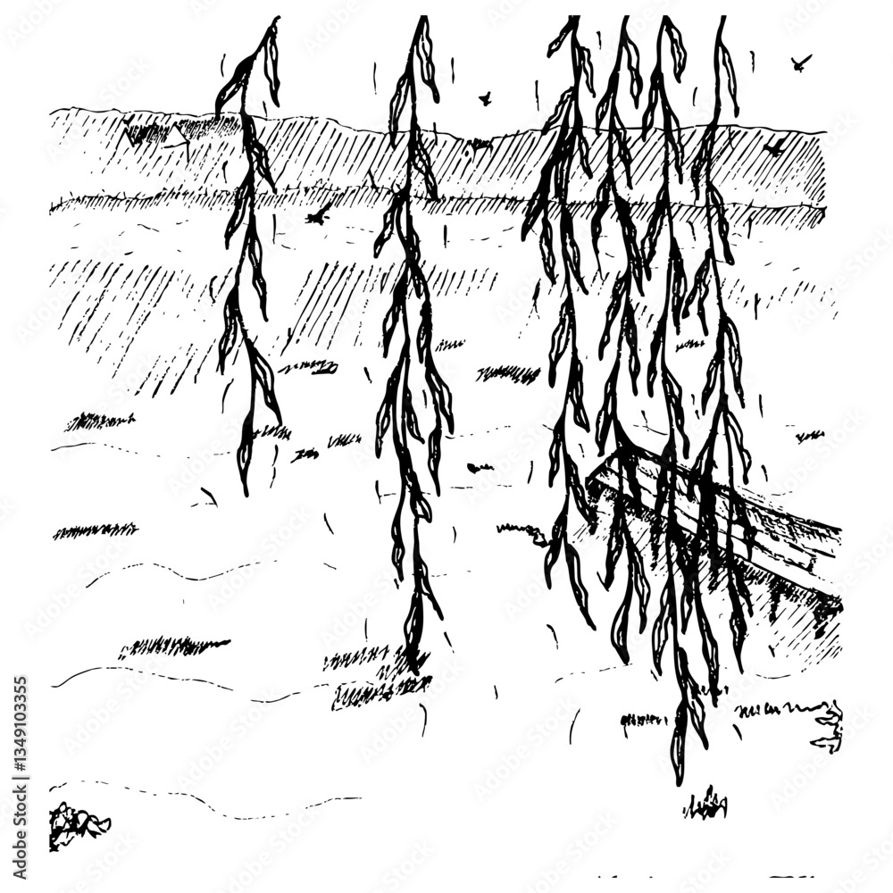 Sketch landscape. Background with lake and wooden pier. Hand drawn illustration.