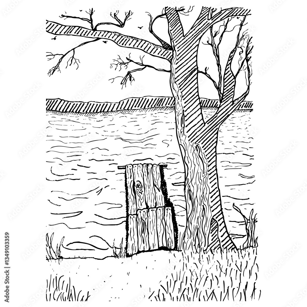 Sketch landscape. Background with lake and wooden pier. Hand drawn illustration.