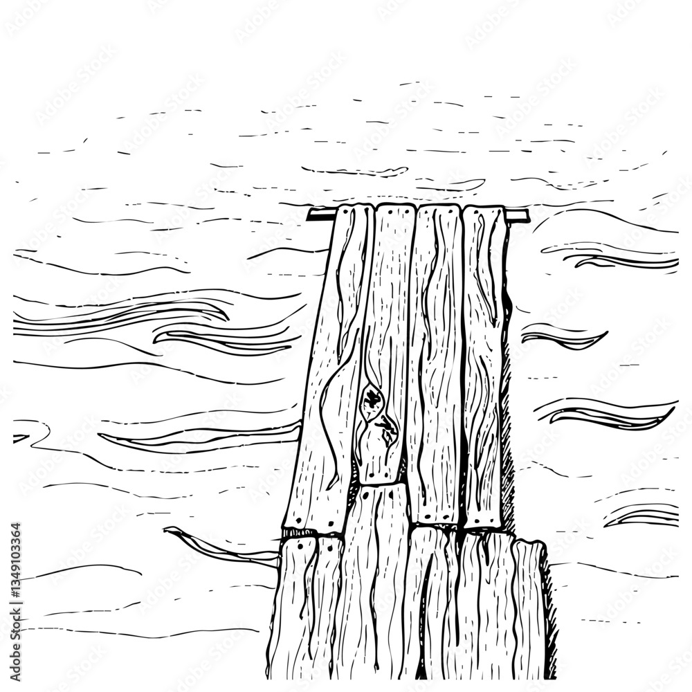 Sketch landscape. Background with lake and wooden pier. Hand drawn illustration.