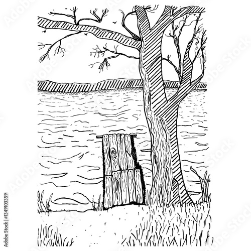 Obraz na płótnie Sketch landscape. Background with lake and wooden pier. Hand drawn illustration. w salonie