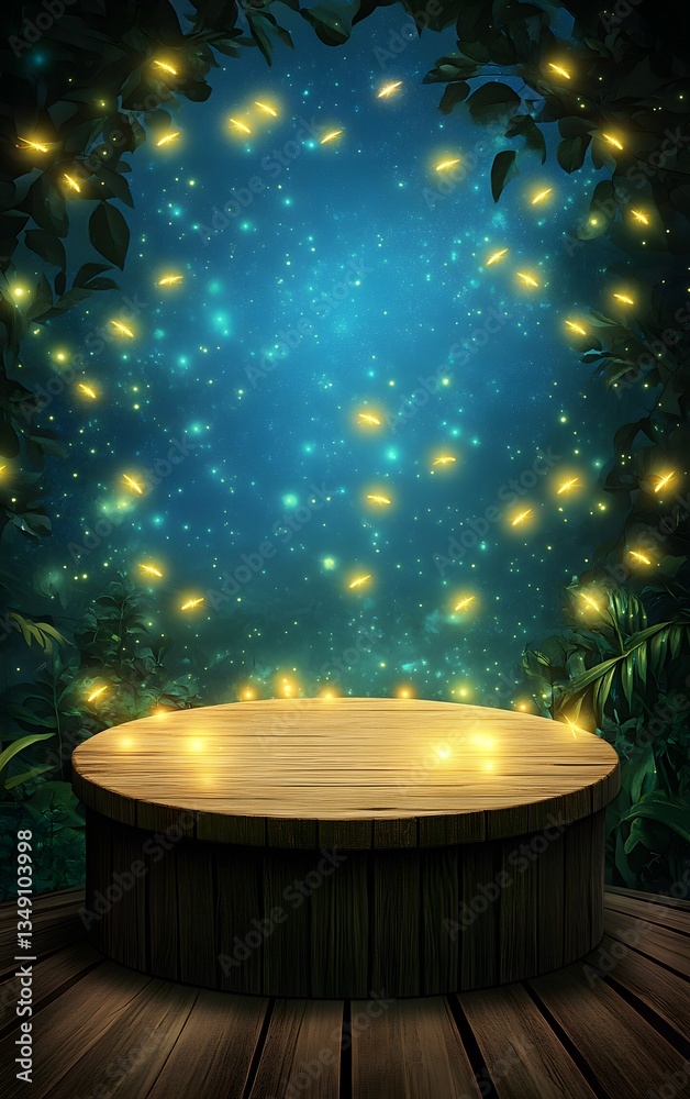 A wooden podium intertwined with glowing fireflies, placed in a moonlit jungle clearing.