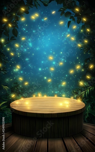 Obraz na płótnie A wooden podium intertwined with glowing fireflies, placed in a moonlit jungle clearing. w salonie