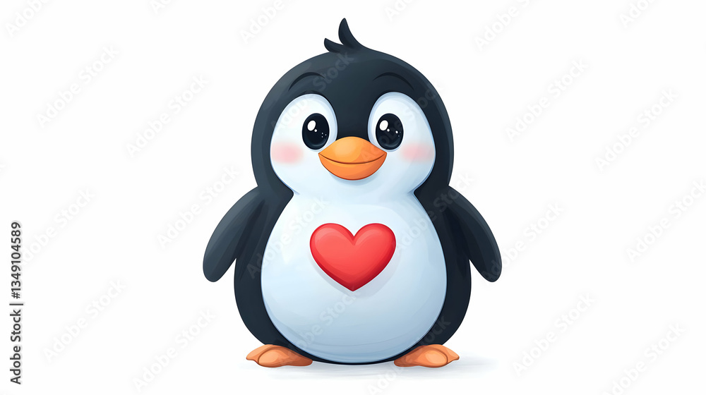 Fototapeta premium Cute Cartoon Penguin with Red Heart Watercolor Illustration