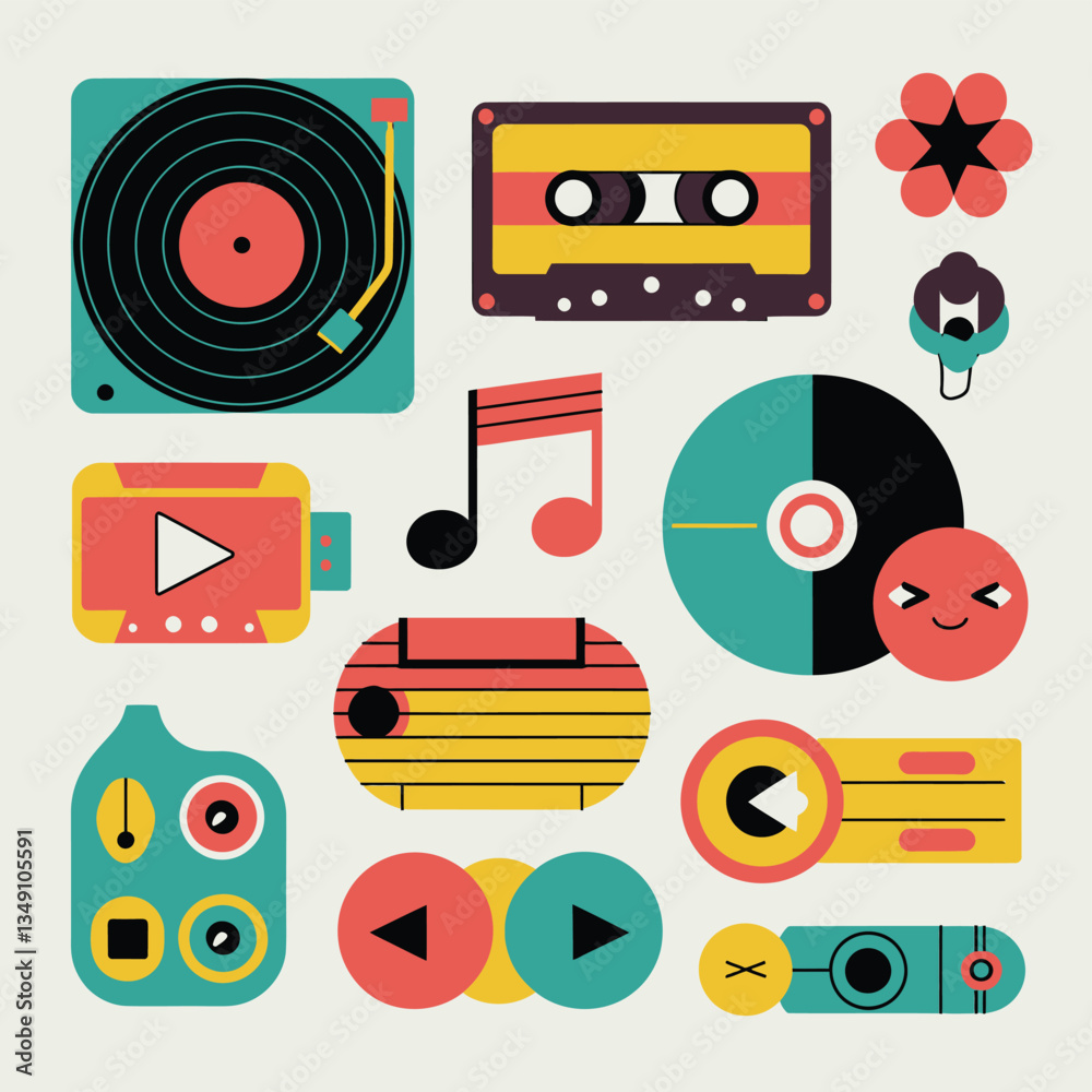 2d vector illustration icon cool entertainment cartoon character music tools (Drum , Music Note , Headphones ,Microphone , Piano , Guitar ,Record)
2d vector illustration icon cool entertainment cartoon character music tools (Drum , Music Note , Headphones ,Microphone , Piano , Guitar ,Record)