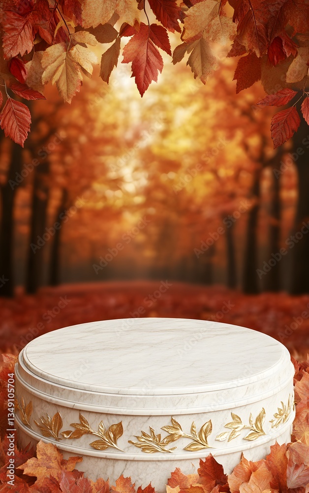 A podium made of white marble with golden leaf details, set in a peaceful autumn park with red and orange foliage.