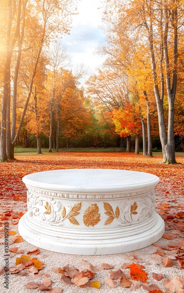 A podium made of white marble with golden leaf details, set in a peaceful autumn park with red and orange foliage.