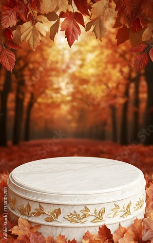 Obraz na płótnie A podium made of white marble with golden leaf details, set in a peaceful autumn park with red and orange foliage. w salonie