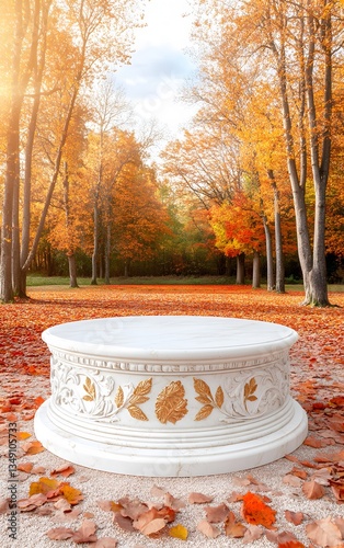 Obraz na płótnie A podium made of white marble with golden leaf details, set in a peaceful autumn park with red and orange foliage. w salonie