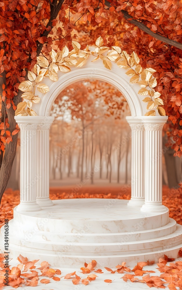 A podium made of white marble with golden leaf details, set in a peaceful autumn park with red and orange foliage.