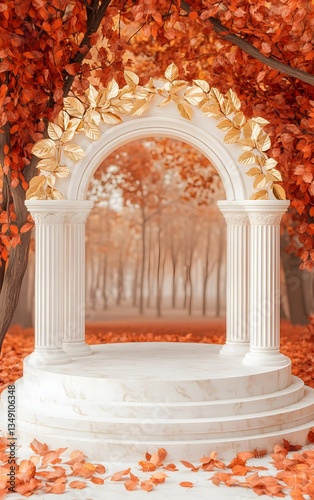 Obraz na płótnie A podium made of white marble with golden leaf details, set in a peaceful autumn park with red and orange foliage. w salonie