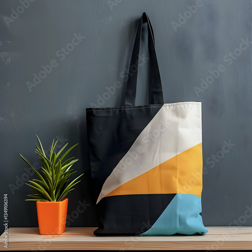 Creative Composition of a Modern Multi-Colored Tote Bag and a Classic Black Textured Book with a Plant