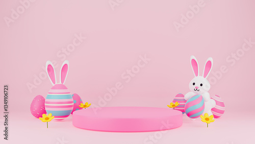 3D Render Easter product display stage illustration. Bunny holding an Easter egg among eggs on pink background.