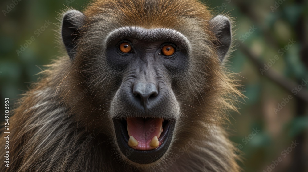 Obraz premium Close-up of a monkey's expressive face. Its mouth is open wide, showcasing teeth, and its orange eyes are prominent. The fur is a mix of brown and gray tones. Natural light highlights the details
