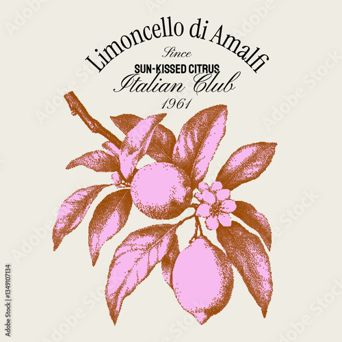 Mediterranean Summer Lemon Branch Harvest. Halftone clipart for t-shirt print, invitations, menus, greeting cards with text slogan. Italian vector graphic with dotted texture. Dolce vita aesthetics.