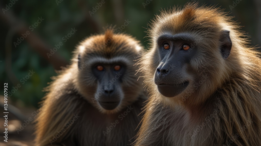 Fototapeta premium Two baboons in close-up, facing forward, with a focused gaze and detailed features. Sunlight illuminates their fur, creating highlights on their faces
