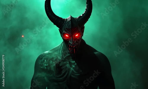 A demonic figure with large horns and glowing red eyes emerges from a green fog.
