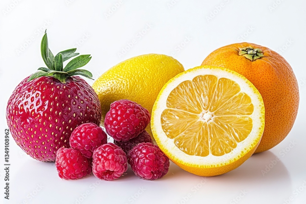 Assorted Fresh Fruits on White Background Including Berries and Citrus Assorted Fresh Fruits on White Background Including Berries and Citrus