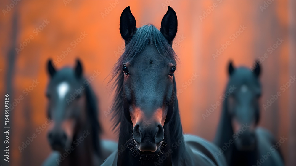 Obraz premium Three Dark Horses in an Autumn Forest at Sunset