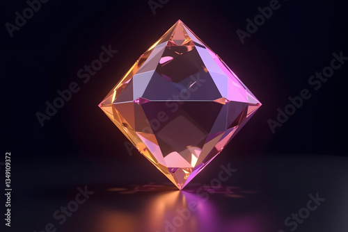 3D geometric prism with gold and purple gradient glowing edges on deep black background modern reflective surface with tech-inspired depth and dimension