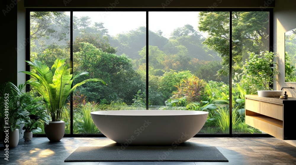 Lush jungle view from modern bathroom with freestanding tub Lush jungle view from modern bathroom with freestanding tub