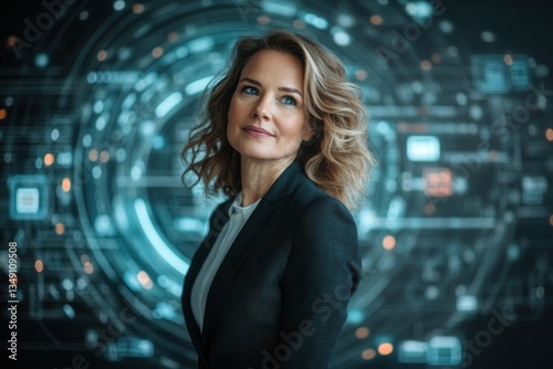 Confident Businesswoman Against Futuristic Technology Background