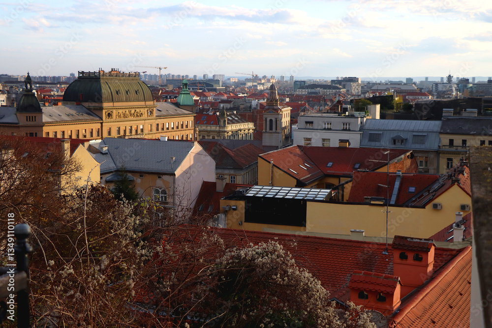 Various historic and contemporary buildings in downtown Zagreb, Croatia.