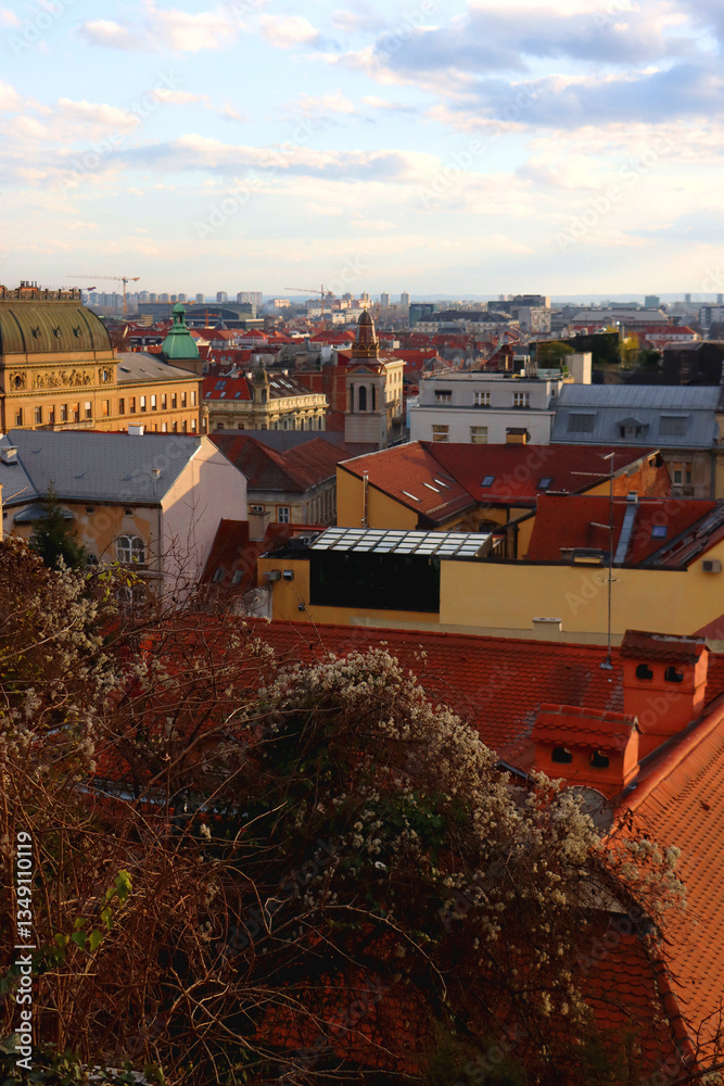 Various historic and contemporary buildings in downtown Zagreb, Croatia.