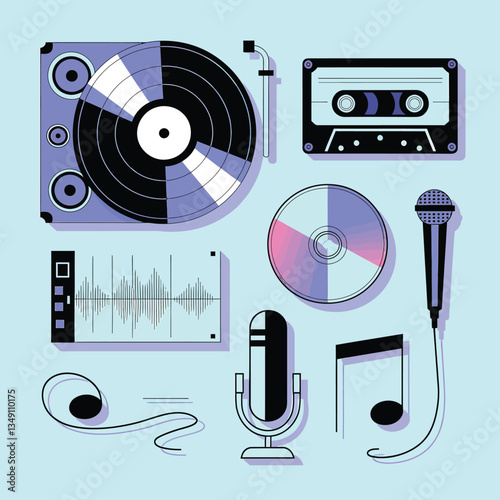 2d vector illustration icon cool entertainment cartoon character  music tools (Drum , Music Note , Headphones ,Microphone , Piano , Guitar ,Record) 
