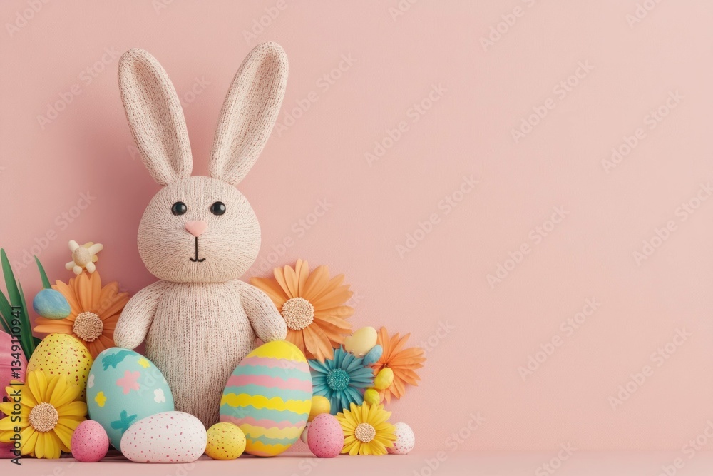 Cute Easter bunny with colorful eggs and flowers in a pastel background, perfect for spring celebrations and holiday decorations Cute Easter bunny with colorful eggs and flowers in a pastel background, perfect for spring celebrations and holiday decorations