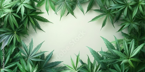 Green cannabis leaves arranged in a decorative border on a neutral background during daylight hours