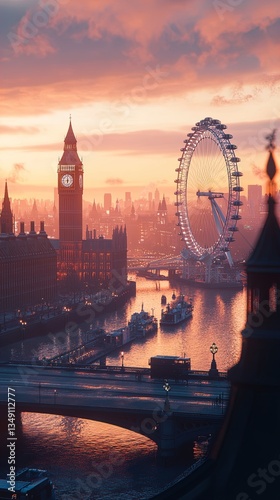 Sunset glow over London with iconic landmarks illuminating the skyline