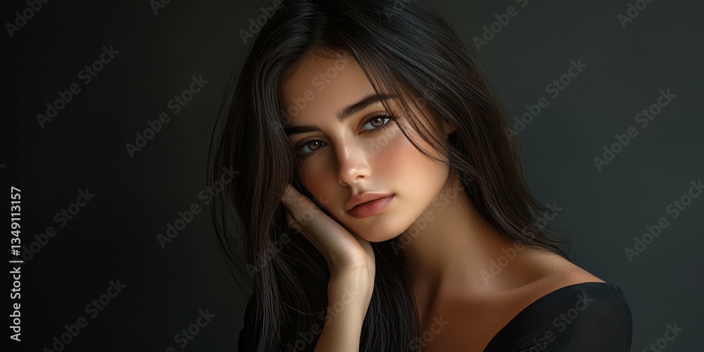 Young woman with long dark hair posing thoughtfully against a dark background during a soft light in a studio setting Young woman with long dark hair posing thoughtfully against a dark background during a soft light in a studio setting