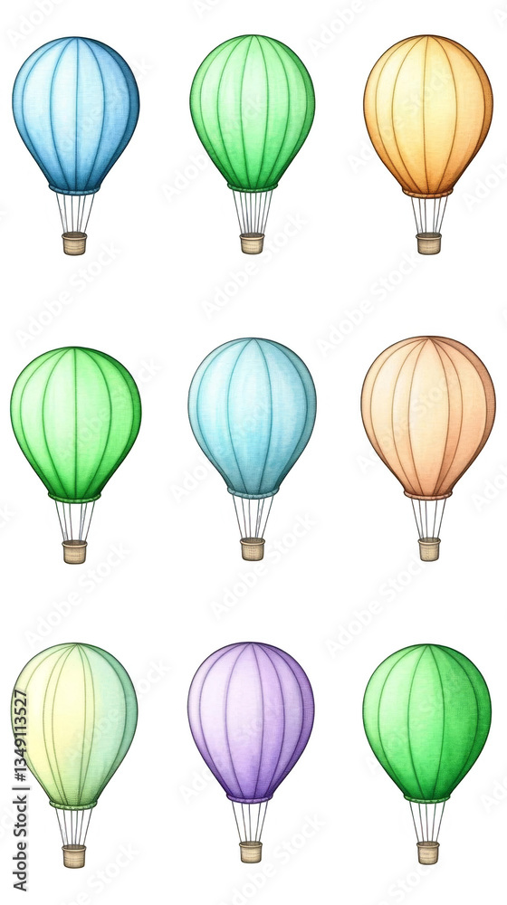 Obraz premium Colorful Watercolor Hot Air Balloons Illustration Isolated On A Transparent Background For Adventure Travel Celebration